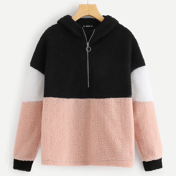 

O-ring Zip Front Colorblock Teddy Jacket