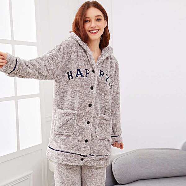 

Letter Embroidered Plush Hooded Pajama Set, Grey