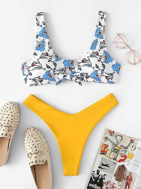 

Knot Front Cut Out Top With High Leg Bikini Set, Multicolor