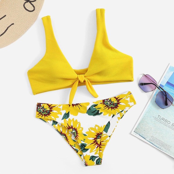 

Knot Front Top With Floral Pattern Bikini, Yellow bright
