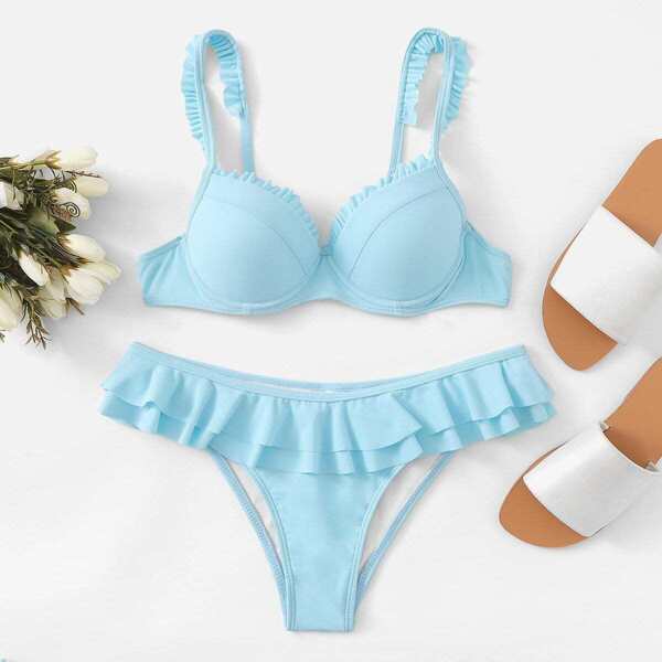 

Underwired Top With Layered Flounce Bikini Set, Blue