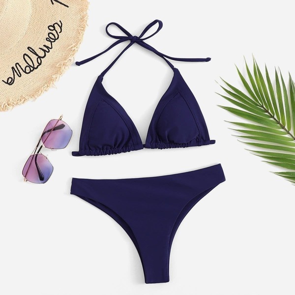 

Lace Up Halter Top With High Leg Bikini Set, Navy