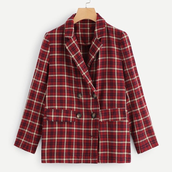 

Double Breasted Notched Neck Plaid Blazer