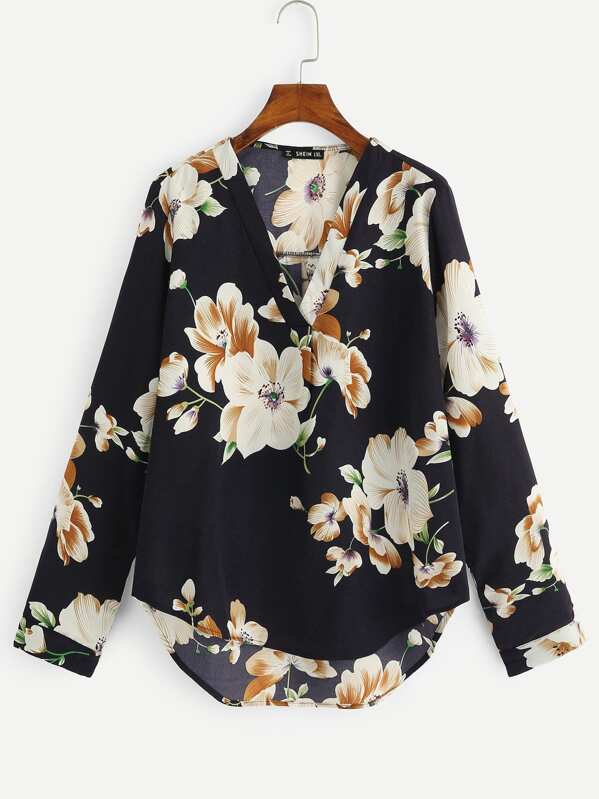 

Plus Floral Print Curved Hem Top, Multicolor