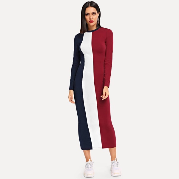 

Cut-and-Sew Slit Back Midi Bodycon Dress, Multicolor