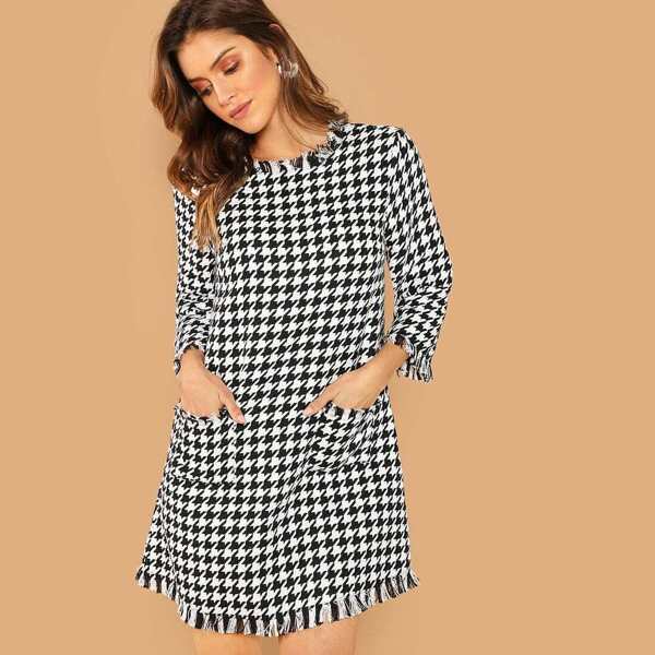 

Fringe Trim Houndstooth Dress