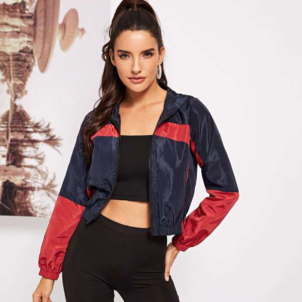 

Zip Up Hooded Color Block Jacket, Navy