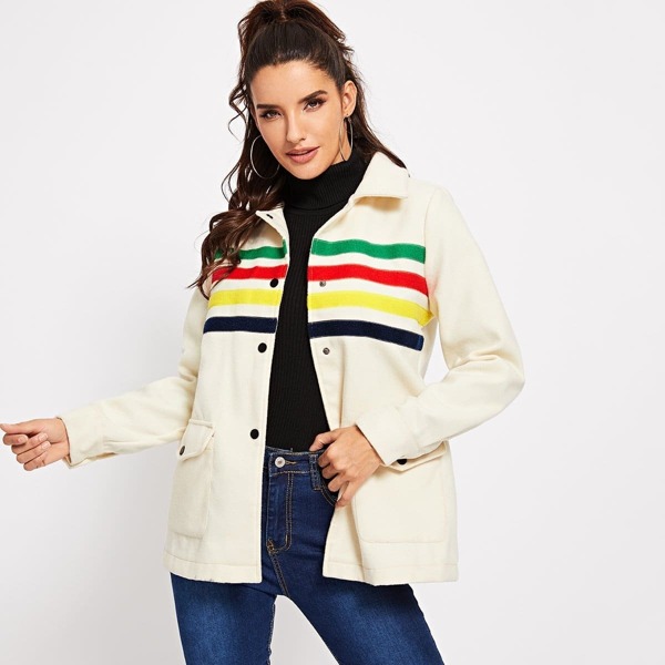 

Contrast Tape Pocket Front Button Up Jacket, Beige
