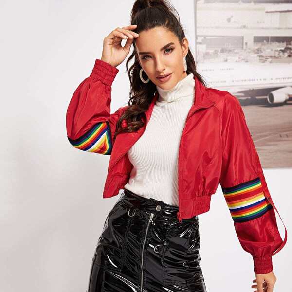 

Zip Front Elastic Waist Striped Jacket