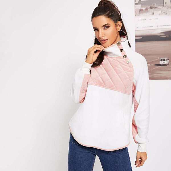 

Buttoned High Neck Two Tone Quilted Pullover, White