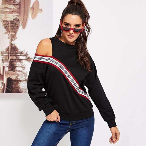 

Cut Out Shoulder Tape Detail Sweatshirt, Black