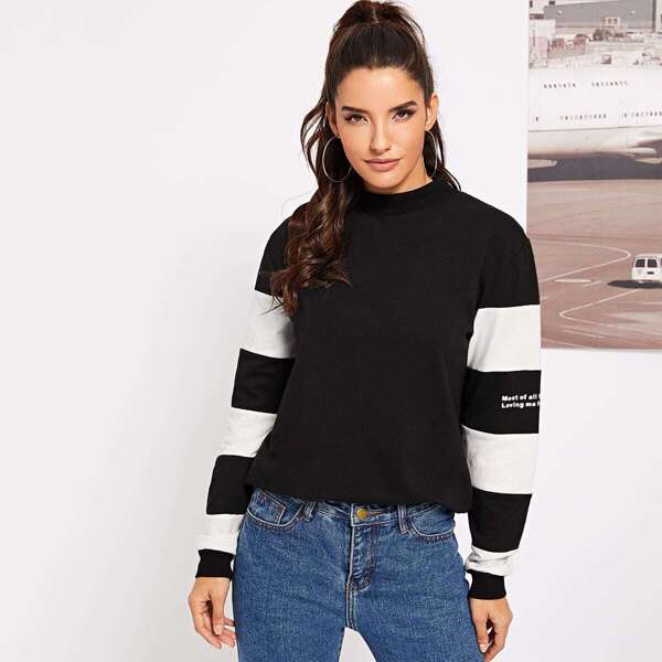 

Color Block Mock Neck Pullover, Black and white