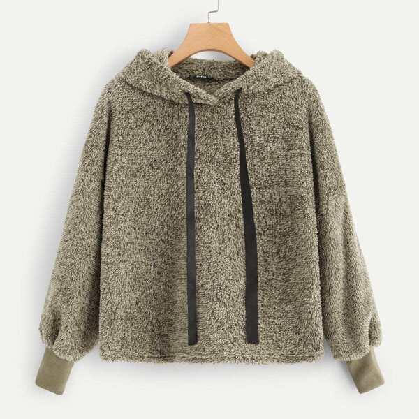 

Drawstring Teddy Hoodie, Army green