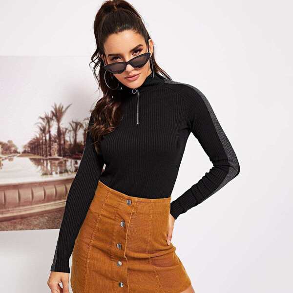 

Zipper Up Ribbed Knit Tee