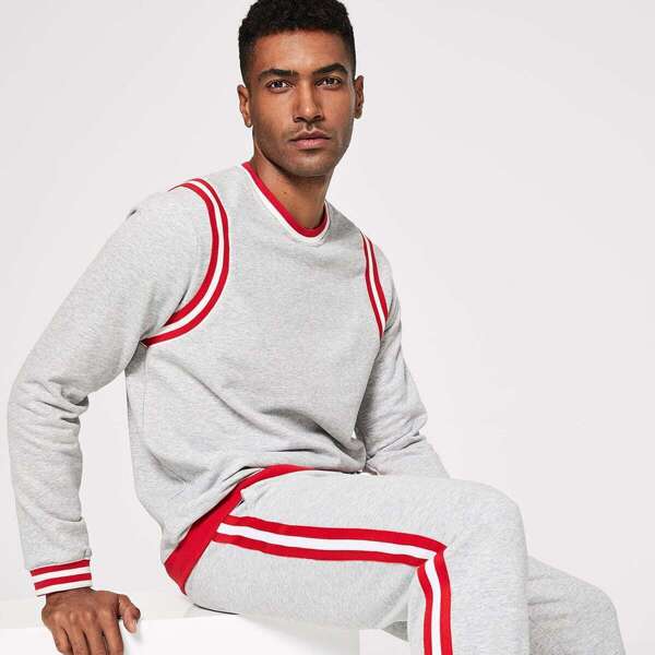 

Men Tape Tunic Pullover & Elastic Waist Drawstring Pants Set, Grey