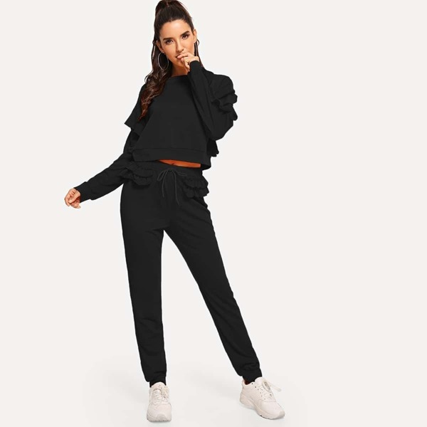 

Drop Shoulder Flounce Crop Sweatshirt & Sweatpants Set