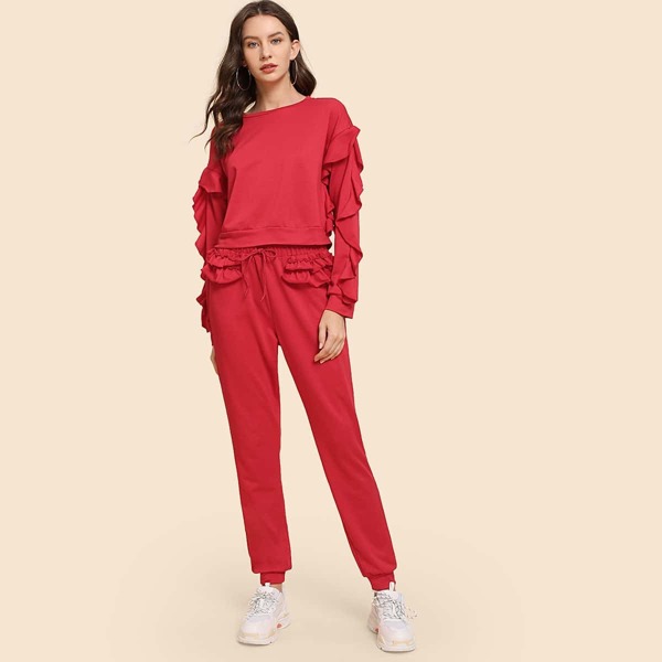 

Drop Shoulder Flounce Crop Sweatshirt & Sweatpants Set