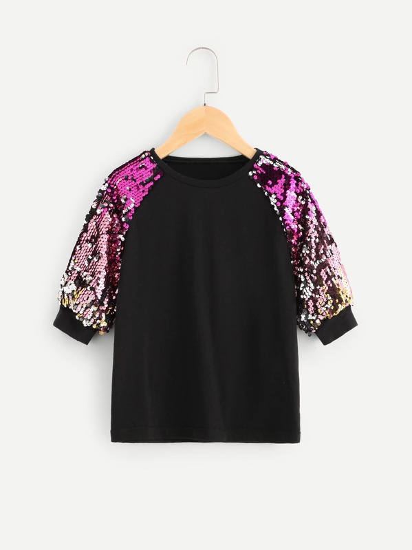 

Girls Sequin Raglan Sleeve Tee, Black