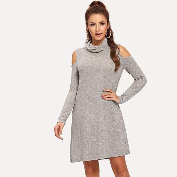 

High Neck Cold Shoulder Solid Dress