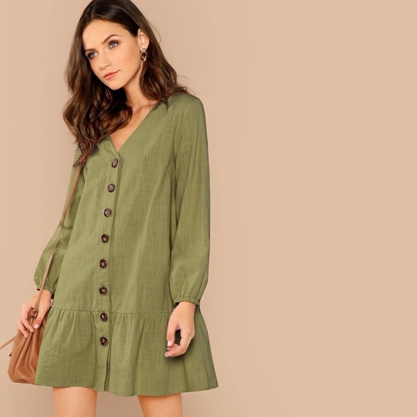 

V-Neck Button Through Drop Waist Dress, Army green