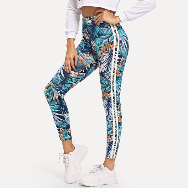 

High Waist Tropical Print Leggings, Multicolor
