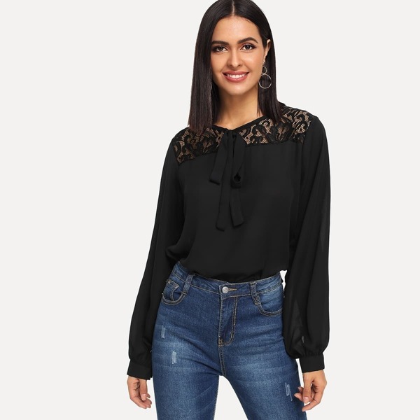 

Contrast Lace Tie Neck Blouse, Black