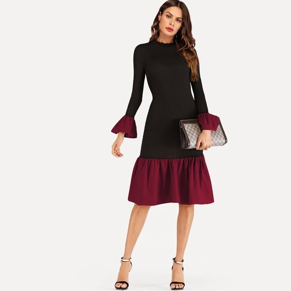 

Contrast Ruffle Hem Knit Dress, Black