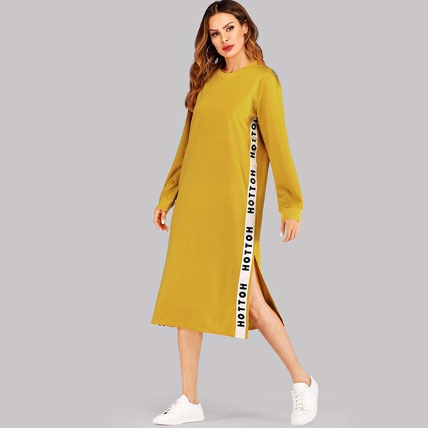 

Slogan Tape Slit Side Sweatshirt Dress, Yellow