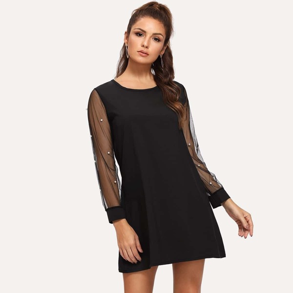 Faux Pearl Studded Mesh Sleeve Tunic Dress, Black