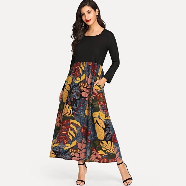 

Leaves Print Hidden Pocket Longline Dress, Multicolor