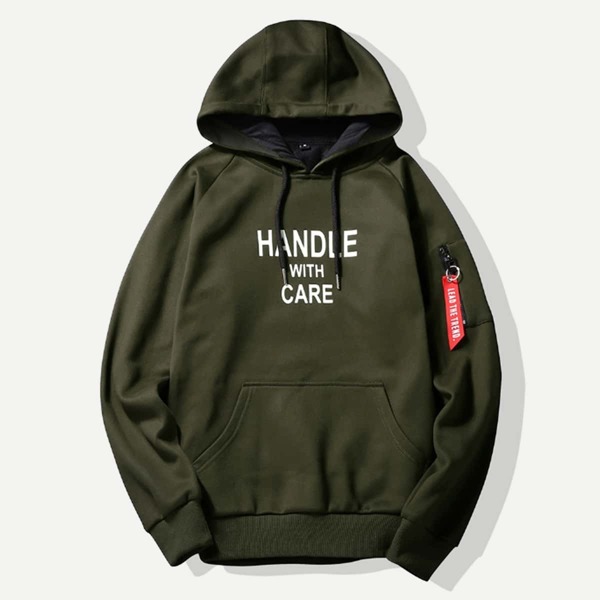 

Men Zip Decoration Letter Print Hooded Sweatshirt, Army green