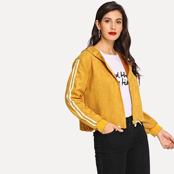 

Suede Tape Detail Drawstring Hem Hooded Jacket