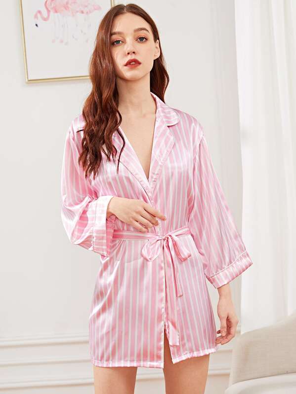 

Striped Letter Embroidered Back Satin Robe, Pink, Poly