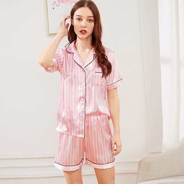 

Striped Button Up Satin Pajama Set