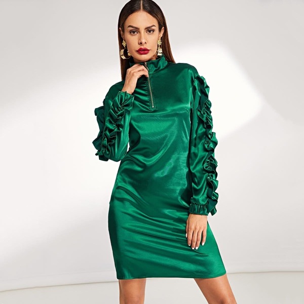 

Ruffle Trim Sleeve Zip Half Placket Dress