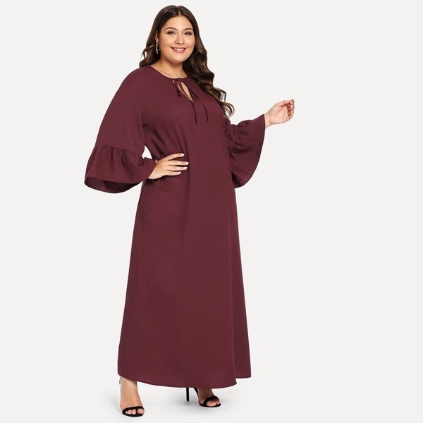 

Plus Tie Neck Flounce Sleeve Maxi Dress