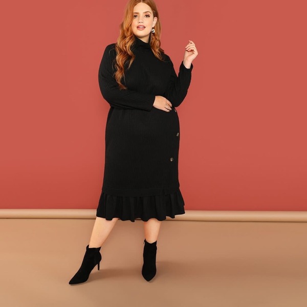 

Plus High Neck Ruffle Hem Rib-knit Dress, Black