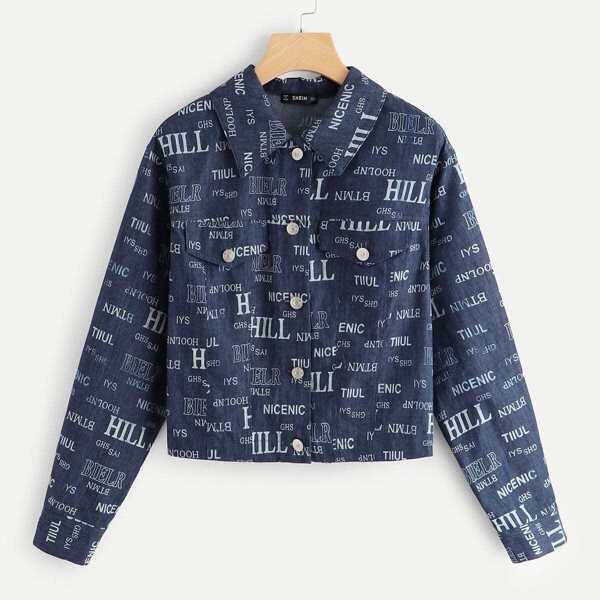 

Pocket Front Letter Print Collar Jacket, Blue