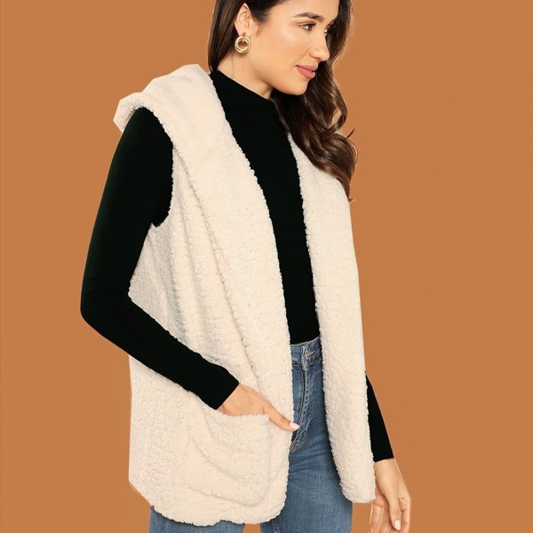 

Pocket Front Hooded Teddy Vest, Beige