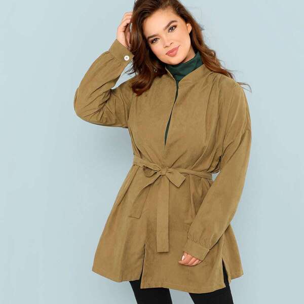

Plus Drop Shoulder Belted Coat, Khaki