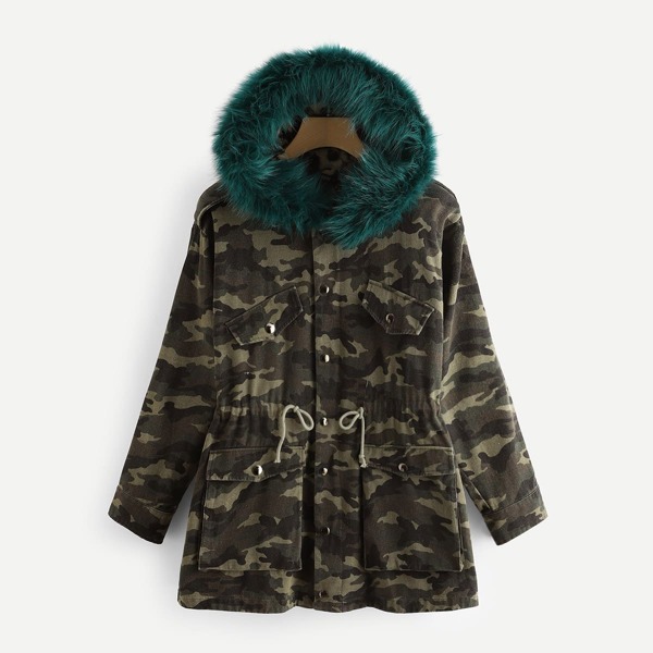 

Camo Parka Coat With Faux Fur Trim Hood, Multicolor