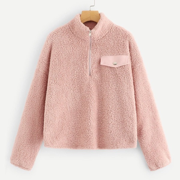 

Zip Half Placket Teddy Pullover, Pink