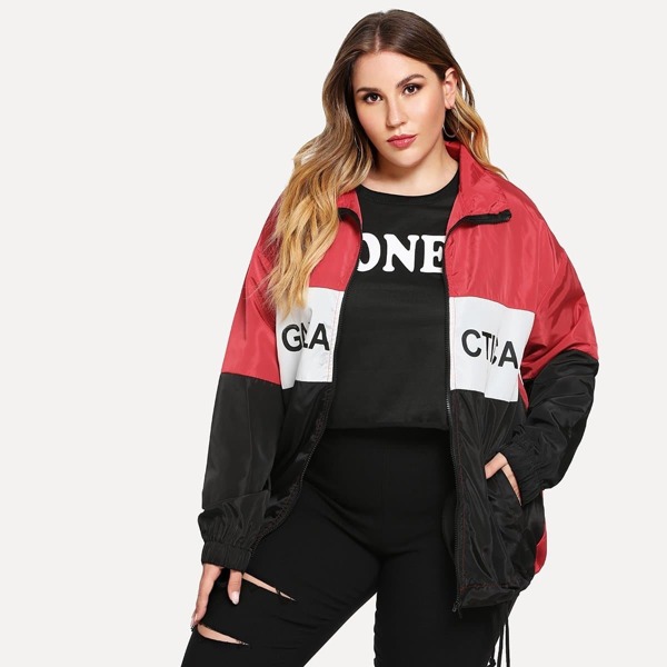 

Plus Color Block Letter Print Jacket