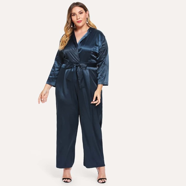 

Plus Tie Waist Wide Leg Jumpsuit, Navy