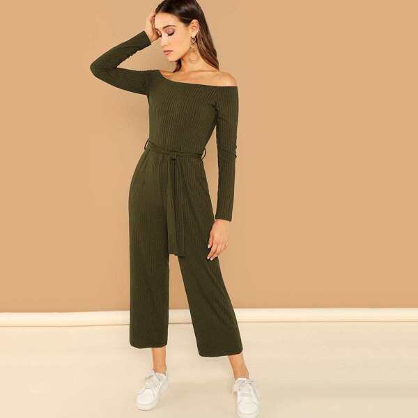 

Off Shoulder Tie Waist Wide Leg Jumpsuit, Army green