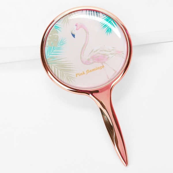 

Flamingo Pattern Makeup Mirror With Metallic Handle