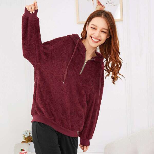 

Zip Detail Hooded Plush Top