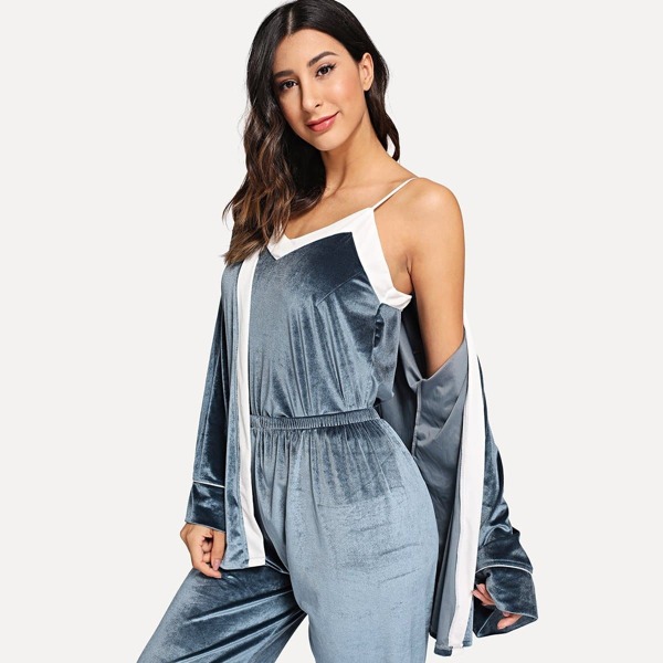 Contrast Side Velvet Cami Pajama Set With Robe, Blue