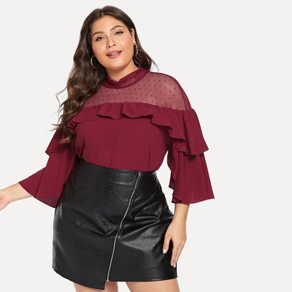 

Plus Mock Neck Dot Mesh Yoke Flounce Top