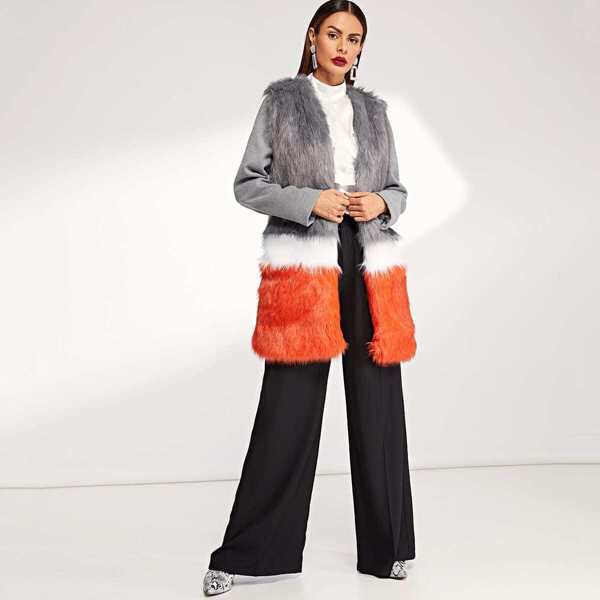 

Cut and Sew Faux Fur Panel Coat, Multicolor